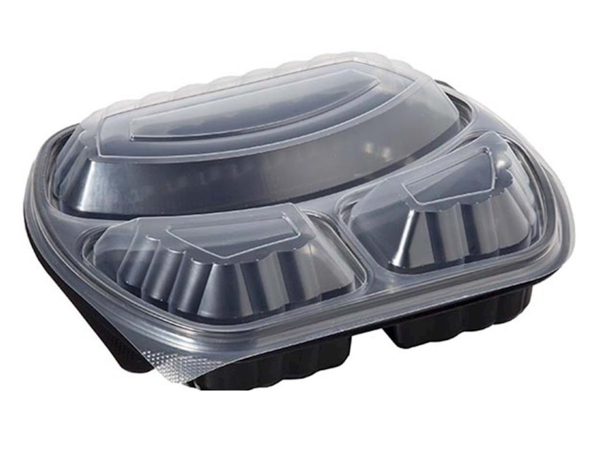 Caserole negre de meniu  cu 3 compartimente (capac inclus) - 50 buc/set